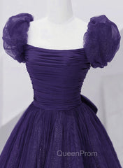Dark Purple Tulle Scoop A-line Long Evening Dresses, Dark Purple Evening Dresses Evening Prom Dresses
