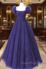 Dark Purple Tulle Scoop A-line Long Evening Dresses, Dark Purple Evening Dresses Evening Prom Dresses