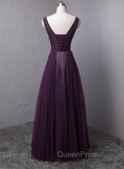 Dark Purple V-neckline Beaded Tulle Long Evening Dresses, Purple Evening Dresses