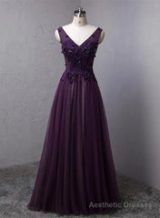 Dark Purple V-neckline Beaded Tulle Long Formal Dress Purple Evening Dress prom dresses shops
