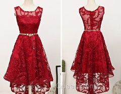 Dark Red High Low Lace Party Dresses Homecoming Dresses, Red Short Evening Prom Dresses