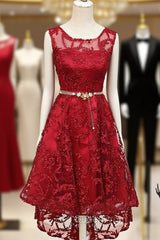 Dark Red High Low Lace Party Dresses Homecoming Dresses, Red Short Evening Prom Dresses