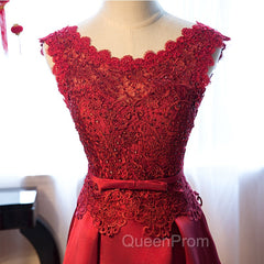 Dark Red Lace Long Junior Evening Prom Dresses, Lace Top Party Dresses