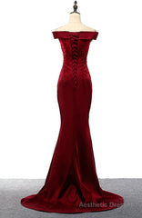 Dark Red Mermaid Satin Long Party Dress, Off Shoulder Evening Dress