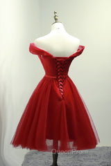 Dark Red Off the Shoulder Tulle Knee Length Party Dresses, Red Homecoming Dresses
