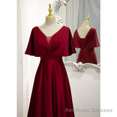 Dark Red Satin A-line Floor Length Evening Dress, Wine Red Wedding Party Dresses