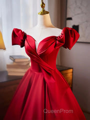 Dark Red Satin Long Evening Prom Dresses, Off The Shoulder A-Line Formal Evening Dresses