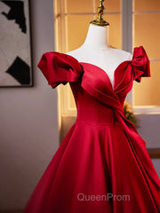 Dark Red Satin Long Evening Prom Dresses, Off The Shoulder A-Line Formal Evening Dresses