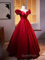 Dark Red Satin Long Evening Prom Dresses, Off The Shoulder A-Line Formal Evening Dresses