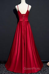 Dark Red Straps Beaded Sweetheart Satin Long Party Dresses, Wine Red Evening Prom Dresses
