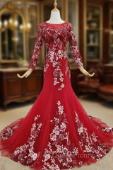 Dark Red Tulle Embroidery Appliques Long Sleeve Evening Prom Dresses