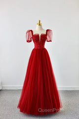 Dark Red Tulle Floor Length Formal Dresses, Beautiful A-Line Short Sleeve Evening Dresses With Beaded