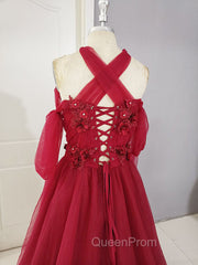 Dark Red Tulle Lace Long Evening Prom Dresses, Red Tulle Lace Evening Dresses
