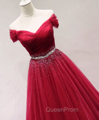Dark Red Tulle Off Shoulder Long Evening Prom Dresses, Beaded Party Dresses