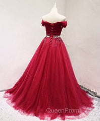 Dark Red Tulle Off Shoulder Long Evening Prom Dresses, Beaded Party Dresses