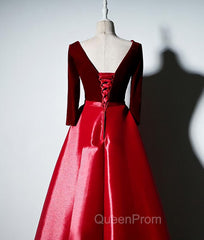 Dark Red Velvet and Satin V-neckline Long Evening Prom Dresses Evening Dresses, Red Bridesmaid Dresses