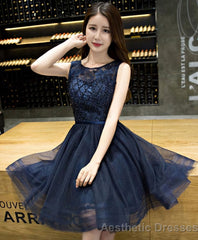 Dark Blue Lace Beading Short Prom Dress Dark Blue Evening Dress