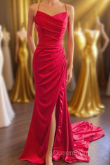 Straps Red Ruched Mermaid Long Formal Dresses