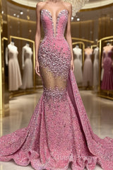 V-Neck Sequins Evening Prom Dresses Mermaid Sleeveless Crystal.