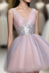 Cute Pink V Neck Tulle Seqsuins Short Evening Prom Dresses, Cocktail Dresses