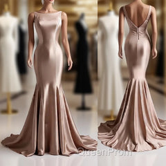 Deep Champagne Mermaid Simple Satin Long Evening Prom Dresses Backless Evening Gown