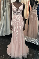 Deep V Neck Backless Pink Lace Long Evening Prom Dresses, Long Pink Lace Formal Graduation Evening Dresses