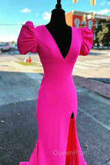 Deep V-Neck Hot Pink Mermaid Long Evening Prom Dresses With Balloon Sleeves