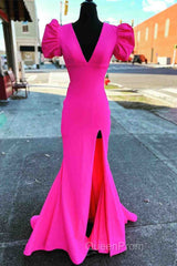 Deep V-Neck Hot Pink Mermaid Long Evening Prom Dresses With Balloon Sleeves