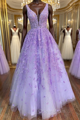 Deep V Neck Purple Lace Long Evening Prom Dresses, Purple Lace Formal Dresses, Purple Evening Dresses