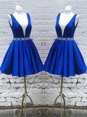 Deep V Neck Royal Blue Short Satin Prom Dresses, Royal Blue V Neck Short Formal Homecoming Dresses