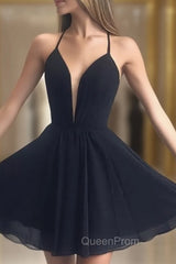 Deep V Neck Short Yellow Black Evening Prom Dresses, Short Backless Evening Homecoming Dresses