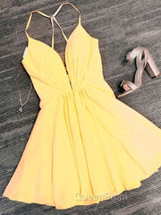 Deep V Neck Short Yellow Black Evening Prom Dresses, Short Backless Evening Homecoming Dresses