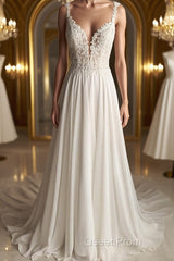 Deep V Neck White Lace Long Evening Prom Dresses, Long White Formal Dresses, White Lace Evening Dresses, White Bridesmaid Dresses