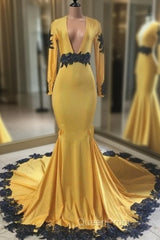 Deep V Neck Yellow Evening Prom Dresses Black Lace Applique Evening Gown