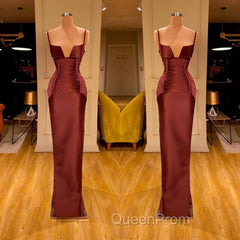 Designer Burgundy Spaghetti-Straps Mermaid Evening Prom Dresses Long With Ruched