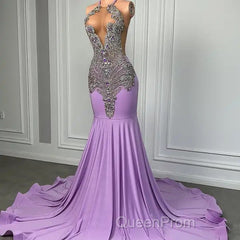 Long Lilac Sleeveless Halter Mermaid Evening Prom Dresses With Beadings