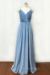 Double-Strap Dusty Blue Velvet Long Bridesmaid Dresses