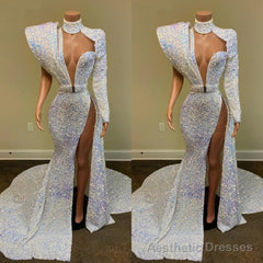 Gorgeous Sequin Long Mermaid Prom Dresses, 2025 Sexy High Slit Sheer High Neck Single Long Sleeve African Black Girl Prom Dress