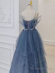 Blue Sweetheart Tulle Sequin Long Prom Dress, Blue Evening Dress