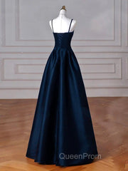 Dreamy Dark Blue Spaghetti Straps Satin Evening Prom Dresses