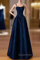 Dreamy Dark Blue Spaghetti Straps Satin Evening Prom Dresses
