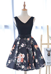 Cute V-Neck Floral Evening Prom Dresses, A-Line Homecoming Dresses