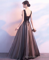 Black Tulle V Neck Long Prom Dress Black Evening Dress