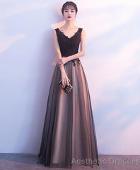 Black Tulle V Neck Long Prom Dress Black Evening Dress