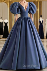 Dusty Blue Evening Prom Dresses Puffy Sleeve Satin Ball Gown