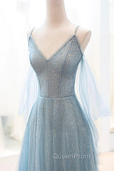 Dusty Blue Sparkly Tulle Long Evening Prom Dresses, A-Line Spaghetti Strap Evening Dresses
