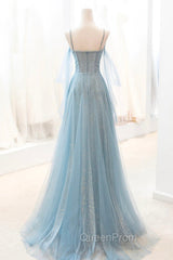 Dusty Blue Sparkly Tulle Long Evening Prom Dresses, A-Line Spaghetti Strap Evening Dresses