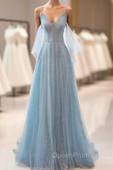 Dusty Blue Sparkly Tulle Long Evening Prom Dresses, A-Line Spaghetti Strap Evening Dresses
