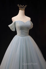 Dusty Blue Tulle Beaded Floor Length Formal Dresses, Off The Shoulder A-Line Evening Party Dresses