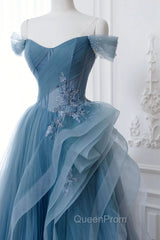 Dusty Blue Tulle Floor Length Evening Prom Dresses, Blue Off the Shoulder Removable Sleeve Evening Dresses